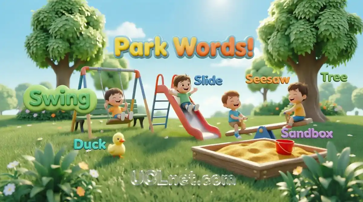 Kids Park Vocabulary: Fun English Words | UCLnet.com 3D educational infographic by UCLnet.com teaching kids park vocabulary with fun English playground words like swing, slide, seesaw, sandbox, duck, and tree in a colorful sunny park scene for young learners