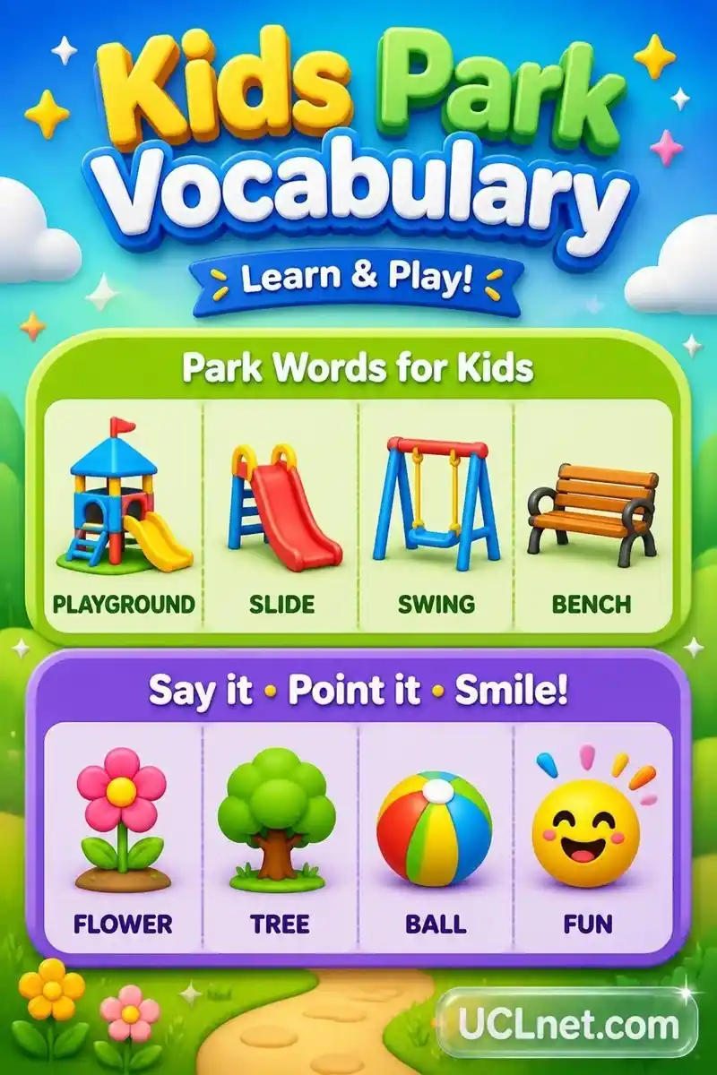 Kids Park Vocabulary | UCLnet.com A colorful kids park vocabulary infographic with the headline “Kids Park Vocabulary” and word labels like playground, slide, swing, bench, flower, tree, ball, and fun, plus the transparent glass logo