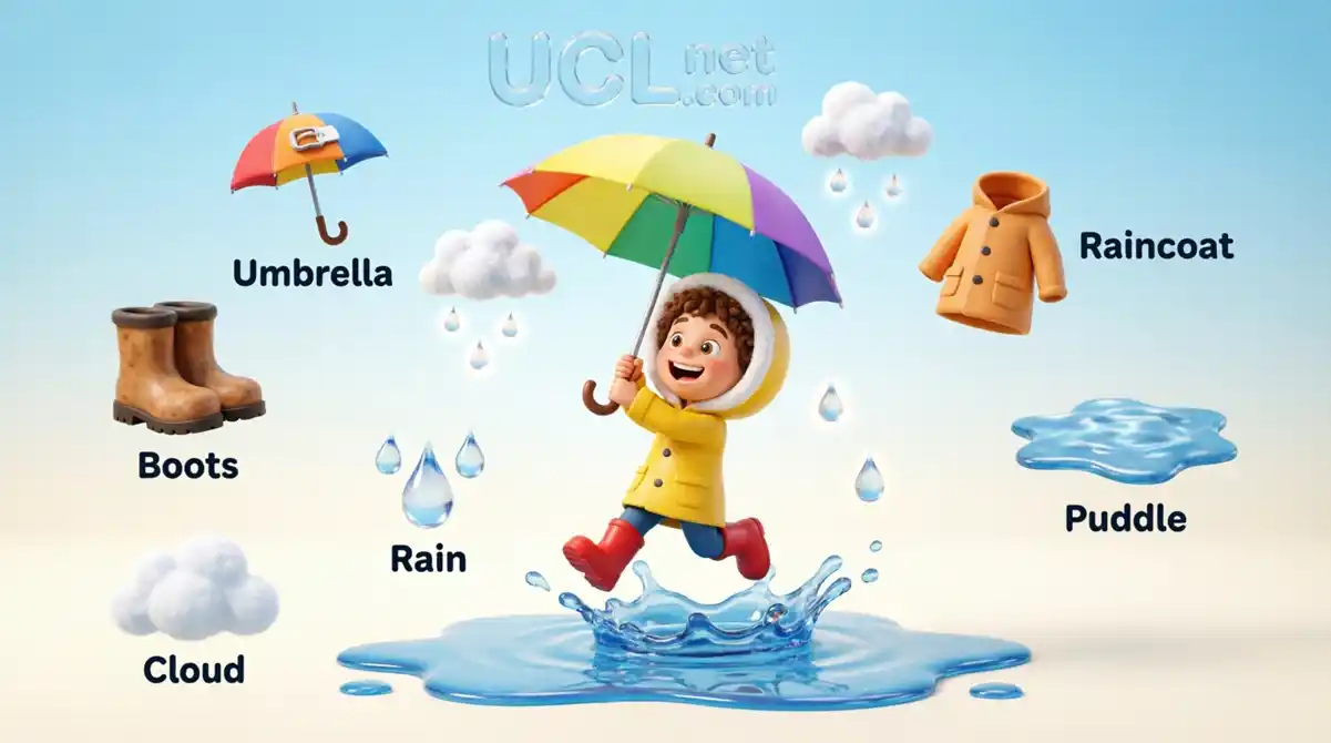 Kids-Rainy-Day-Vocabulary-Educational-Infographic-UCLnet Kids rainy day vocabulary infographic featuring 3D illustrations of umbrella, raincoat, boots, puddle, rain, and cloud — Educational English learning guide for children on UCLnet.com