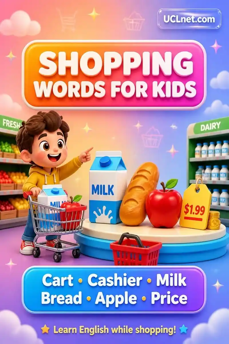 Supermarket store guide infographic featuring kids shopping vocabulary - UCLnet.com