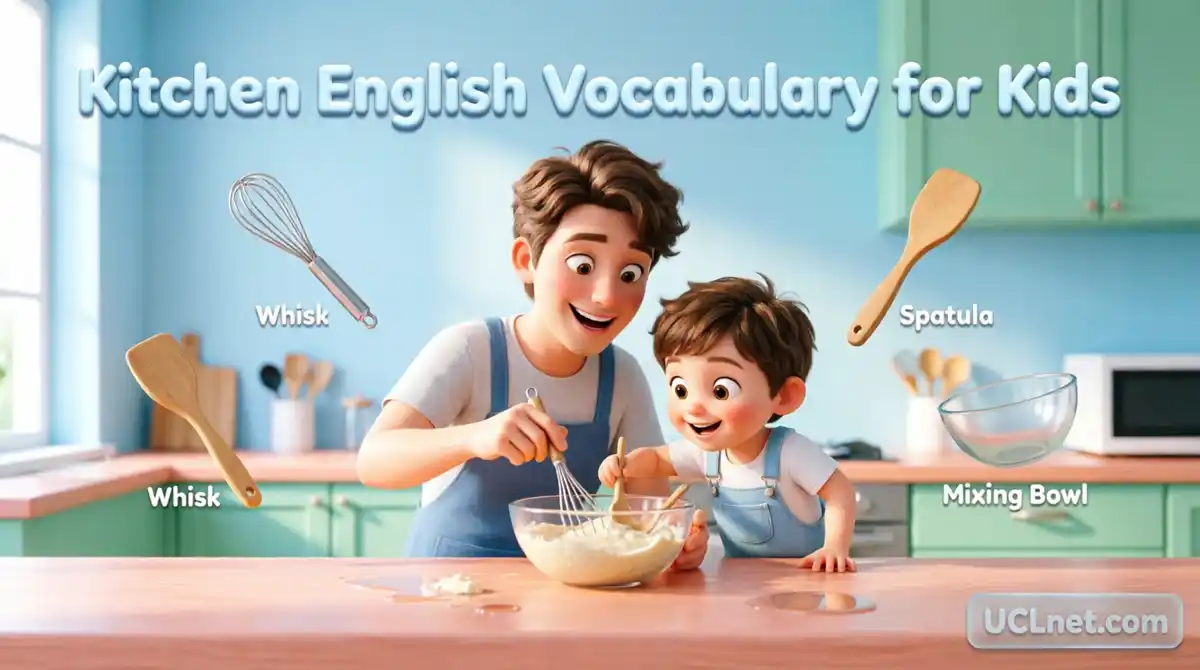 3D infographic of parent and child learning kitchen English vocabulary for kids - UCLnet.com