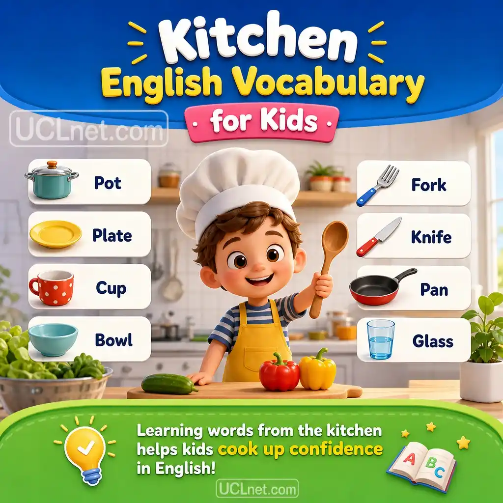 Colorful 3D kitchen vocabulary infographic for kids with educational icons and UCLnet.com
