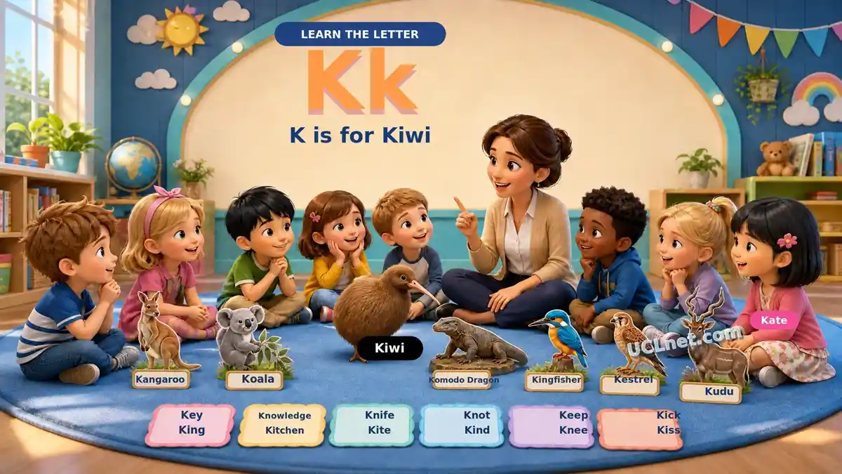 Kiwi Alphabet Adventure - UCLnet.com Children and their teacher learn the letter K with a kiwi bird in a colorful classroom - UCLnet.com