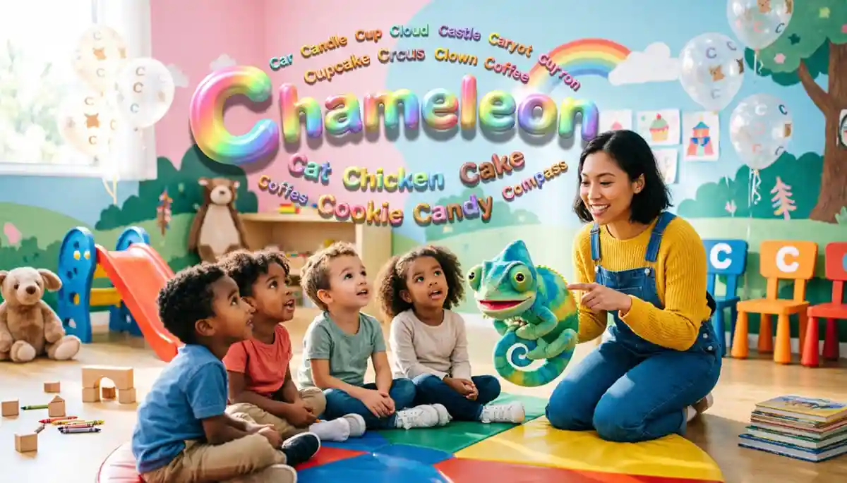 Letter C for kids learning with colorful chameleon animal - UCLnet.com