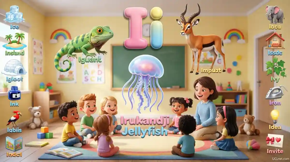 Letter Ii Irukandji Jellyfish Kindergarten Learning - UCLnet.com Diverse American kindergarten children learning letter Ii with teacher, featuring Irukandji Jellyfish and other I-animals in colorful 3D educational classroom setting - UCLnet.com