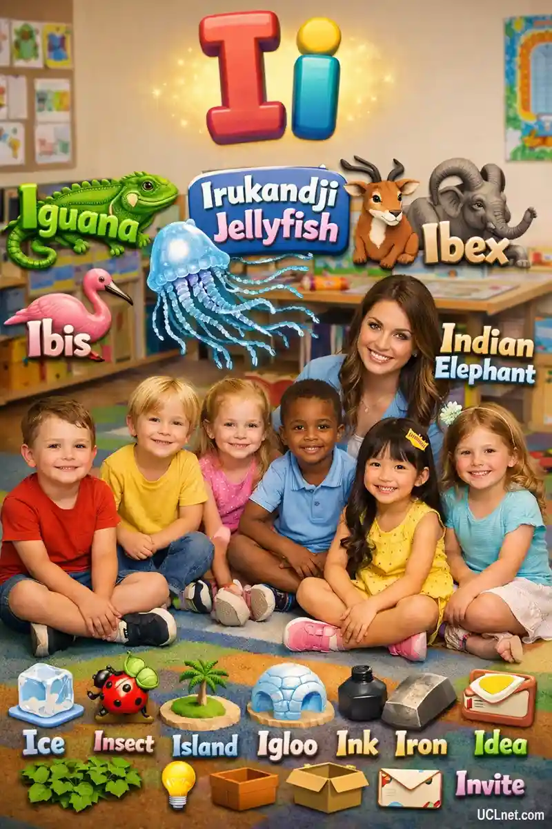 Classroom Alphabet Lesson: Learning the Letter Ii - UCLnet.com A cheerful kindergarten teacher leads students in learning the letter Ii, pointing to a jellyfish, iguana, impala, ibex, and ibis with accompanying text labels on the floor. - UCLnet.com