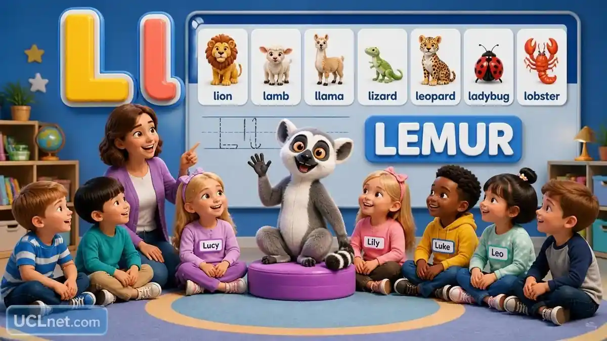 Letter Ll Preschool Learning - Alphabet Education | UCLnet.com Preschool children learning letter 'Ll' with their teacher, featuring animals like Lemur, Lion, Lamb, and Llama with 3D text labels.