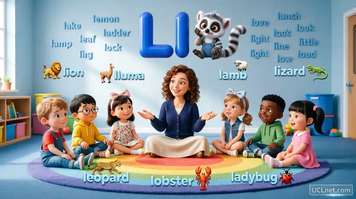 Learn-English-Alphabet-Letter-L-Kindergarten-Vocabulary-UCLnet-com Kindergarten children learning English alphabet letter L with Lemur and animal vocabulary - UCLnet.com