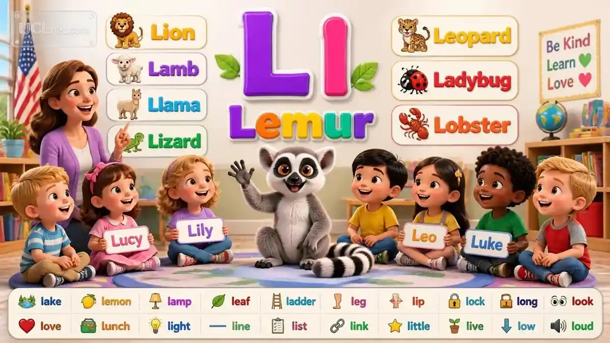 Letter Ll Kindergarten Learning Poster with Lemur and English Vocabulary | UCLnet.com Educational kindergarten poster about the letter Ll, featuring a cute lemur, children, and English L words in a colorful 3D classroom scene with UCLnet.com branding.