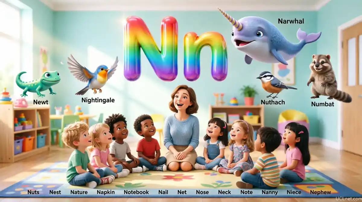 Letter Nn for Kids Narwhal Adventure - UCLnet.com Educational illustration for kids learning the letter Nn with a teacher and diverse students in a preschool, featuring 3D animals like Narwhal, Newt, Nightingale, Nuthatch, and Numbat, plus vocabulary words like Nuts, Nest, and Nature.