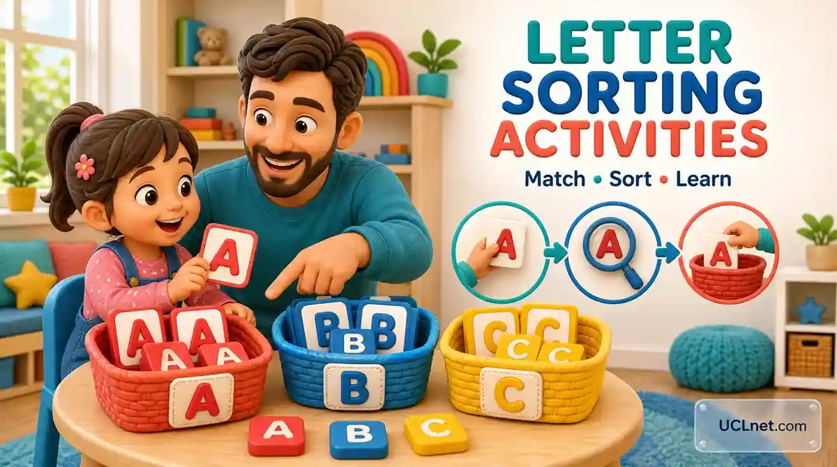 Letter Sorting Activities for Kids – Fun Alphabet Sorting Game | UCLnet.com 3D illustration of a father and young child doing letter sorting activities with A, B, and C cards in colorful baskets, branded UCLnet.com