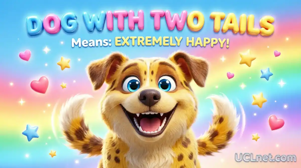 dog-with-two-tails-idiom-english-learning-infographic-UCLnet Happy cartoon dog with two wagging tails illustrating the English idiom "dog with two tails" meaning extremely happy - UCLnet.com educational infographic for kids