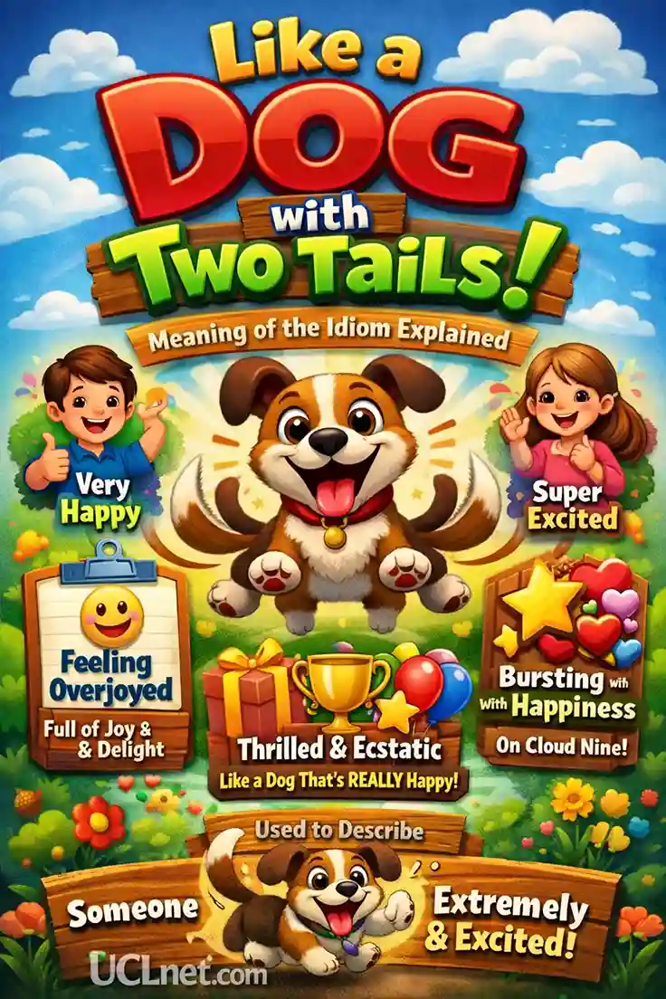 Dog With Two Tails Idiom – Kids Educational Infographic – UCLnet.com Colorful 3D mobile educational infographic for kids explaining the idiom “Dog With Two Tails,” featuring a happy cartoon dog with two wagging tails, simple icons, and a transparent UCLnet.com logo – UCLnet.com