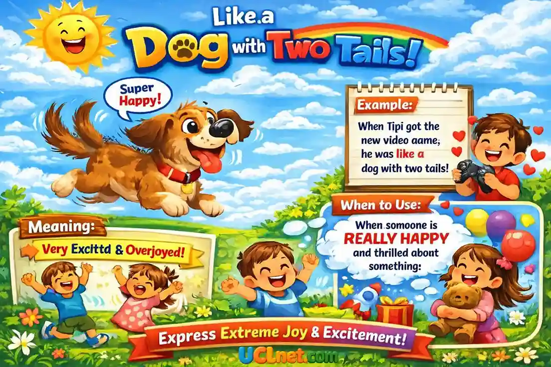 Dog with Two Tails Idiom Meaning, Example & Usage for Kids | UCLnet.com Dog with Two Tails Idiom infographic for kids | Learn the meaning, examples, and usage of the English idiom "Like a Dog with Two Tails" | UCLnet.com