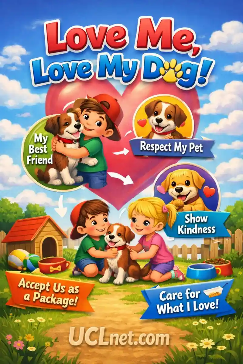 Love Me Love My Dog Meaning for Kids – UCLnet.com 3D kids infographic explaining the idiom “Love Me, Love My Dog” – UCLnet.com