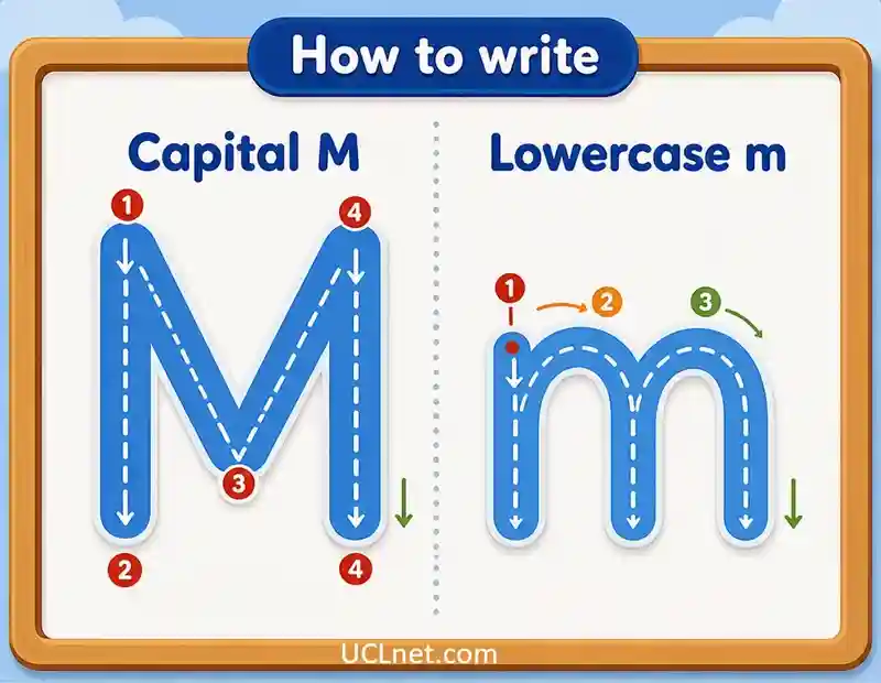 How to Write Letter M Guide - UCLnet.com Colorful landscape guide teaching how to write capital and lowercase M - UCLnet.com