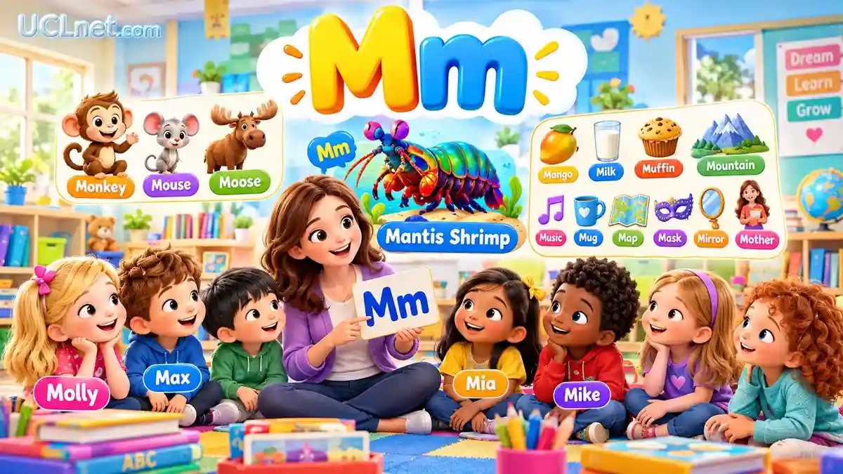 Letter M Learning Poster | UCLnet.com Kids learning letter M with a teacher, Mantis Shrimp, and colorful M words in a kindergarten classroom.
