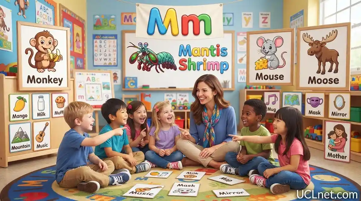 Learn Letter 'Mm' - UCLnet.com Kids and teacher learning letter 'Mm' with animals and vocabulary on UCLnet.com