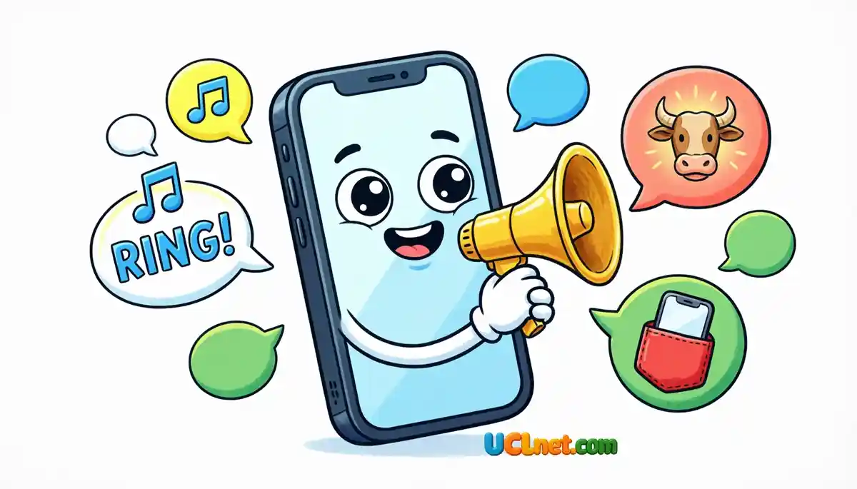 A happy young girl sitting at a desk holding a smartphone and laughing while talking to a friend - UCLnet.com