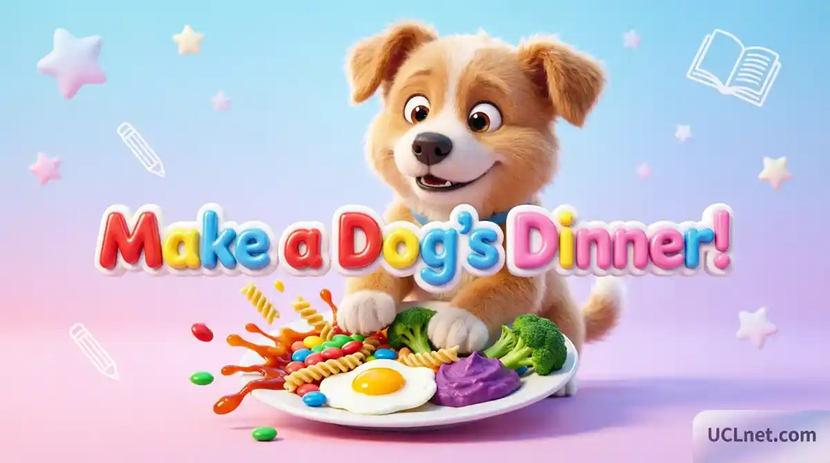 Make a dog's dinner of meaning - English idiom infographic for kids showing a cute dog making a mess while eating, educational illustration from UCLnet.com