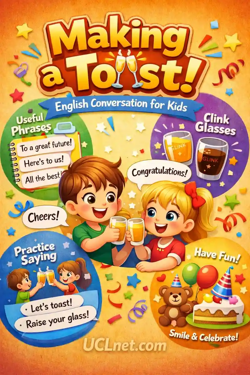 Making a Toast – English Conversation for Kids – UCLnet.com Colorful 3D infographic for kids teaching “Making a Toast” English conversation with cheerful characters – UCLnet.com