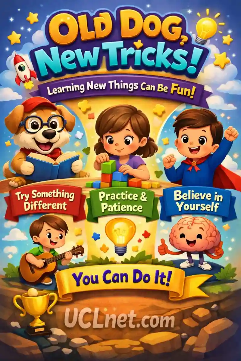 Old Dog New Tricks Idiom for Kids – UCLnet.com Colorful 3D kids infographic explaining the idiom “Old Dog, New Tricks” with simple learning examples – UCLnet.com