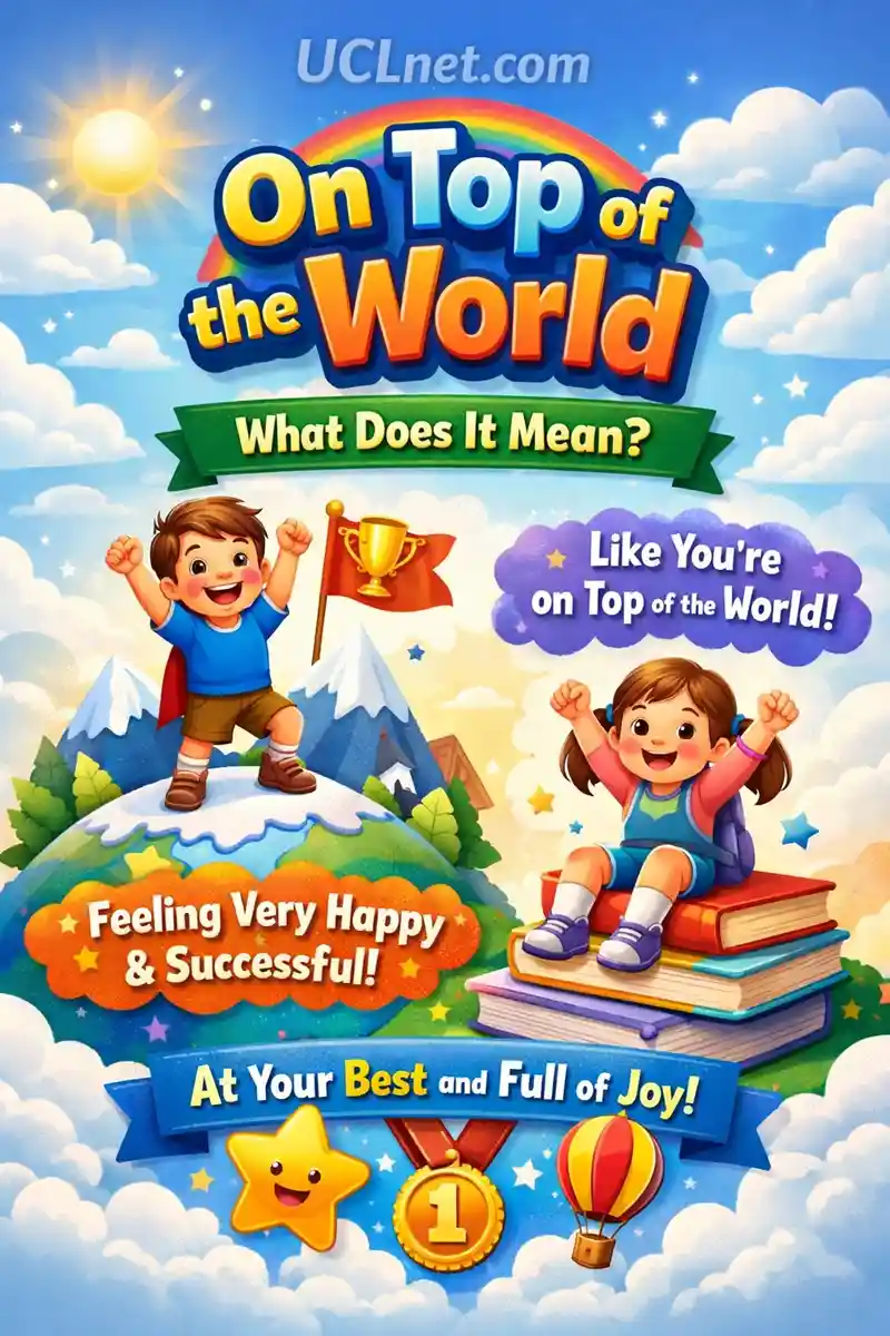 On Top of the World Meaning for Kids – UCLnet.com 3D kids infographic explaining the idiom “On Top of the World” with happy characters and simple meaning – UCLnet.com