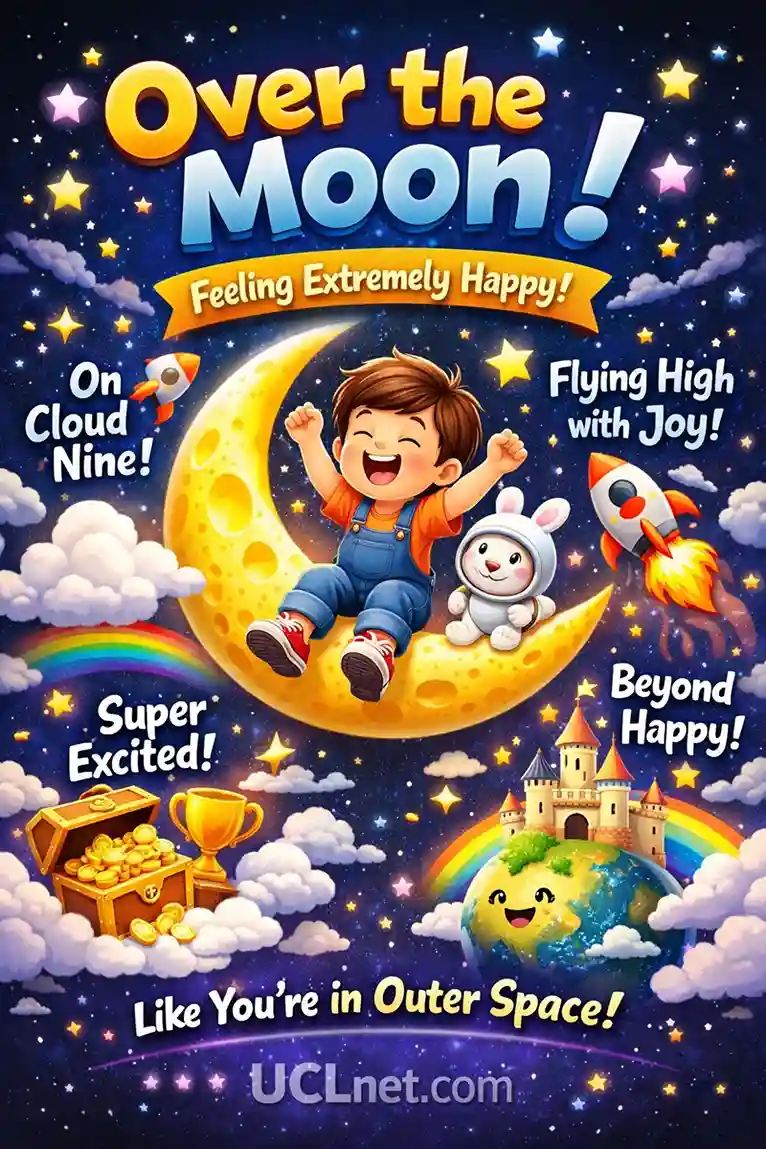 Colorful 3D kids infographic explaining the idiom “Over the Moon” with joyful characters, moon illustration – UCLnet.com.