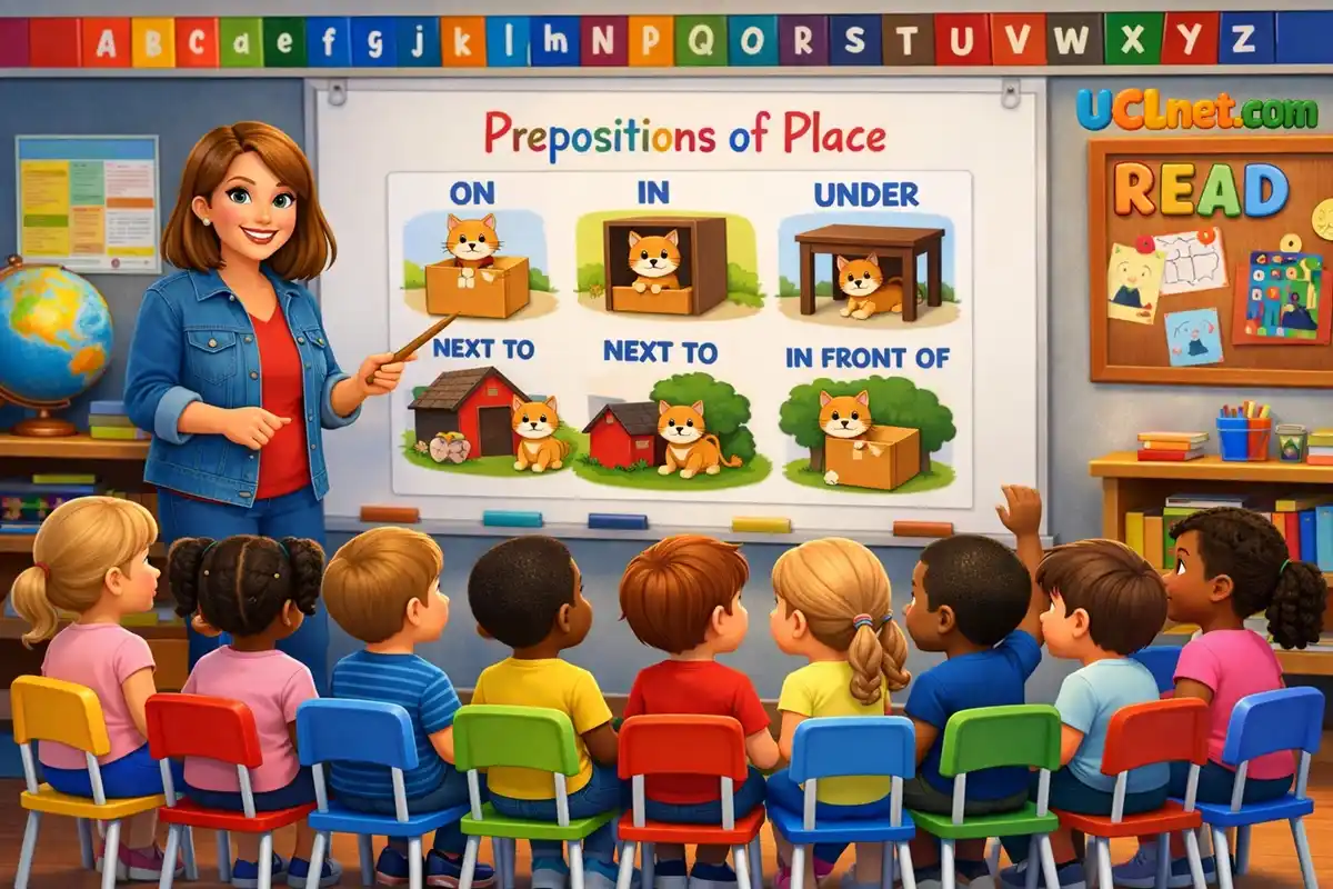 Pixar-style classroom scene of an American teacher and students learning prepositions of place A cheerful American teacher explains prepositions of place to her students - UCLnet.com