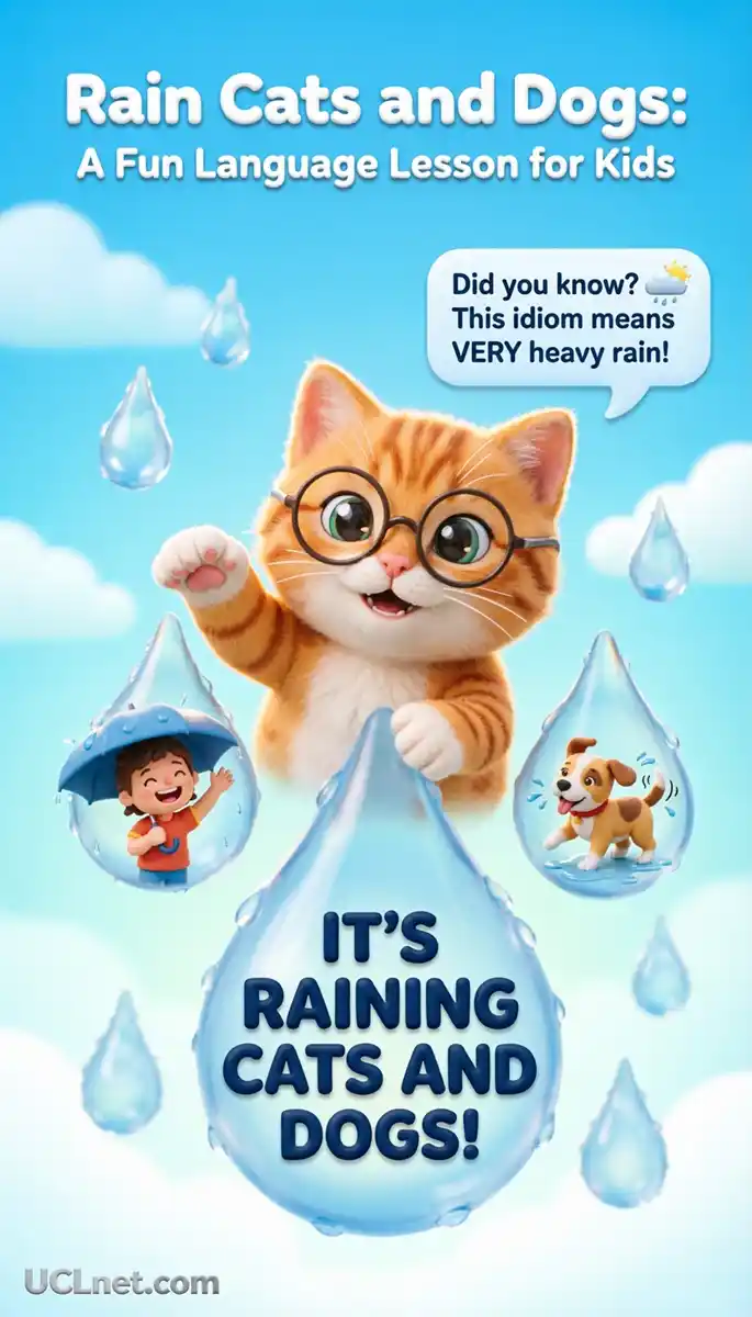 rain cats and dogs meaning English idiom - UCLnet.com Raining cats and dogs meaning - Fun English idiom infographic for kids - UCLnet.com