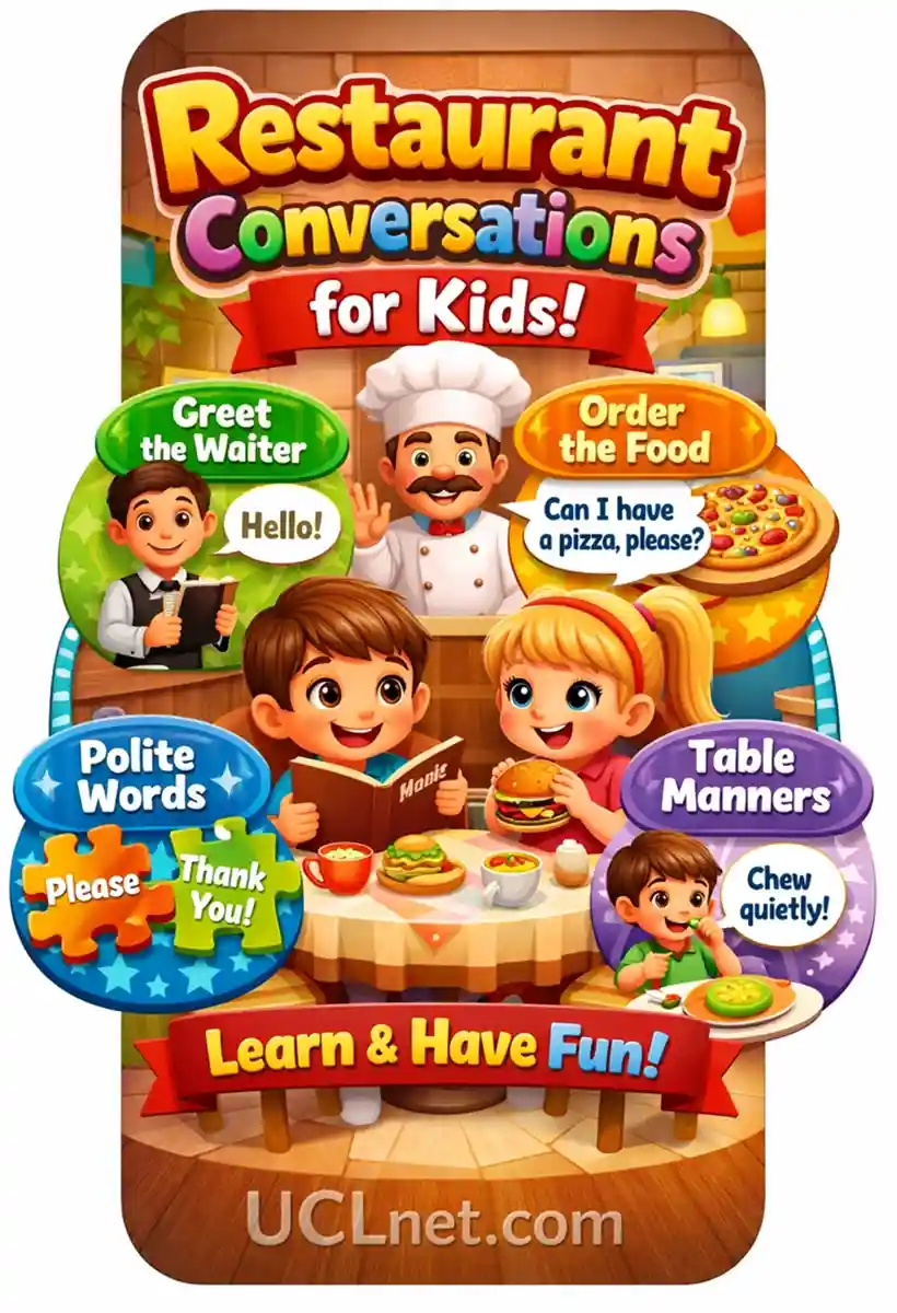 Restaurant Conversation for Kids – UCLnet.com 3D mobile educational infographic for kids showing a restaurant conversation scene with children and waiter learning English phrases, featuring transparent glass UCLnet.com logo – UCLnet.com