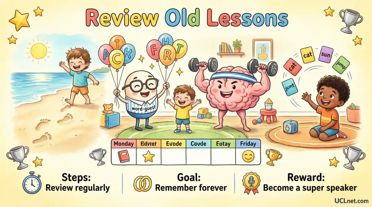 "Educational infographic about reviewing old English lessons showing beach footprints metaphor, word-guest character with balloons, strong brain muscle lifting weights, and child playing flashcard games. Features weekly review calendar and key concepts: review regularly, remember forever, become a super speaker. UCLnet.com"