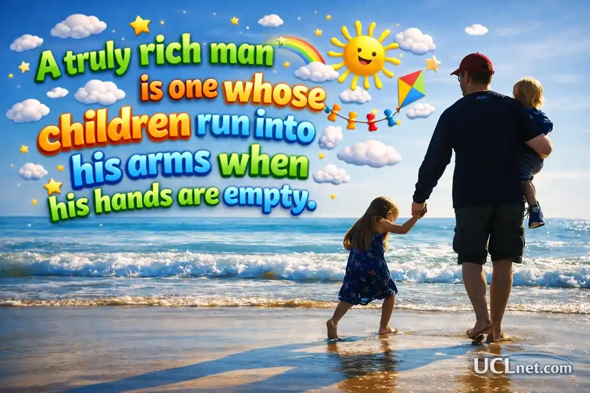 A Truly Rich Man Quote – Kids Infographic – UCLnet.com a father and children on the beach with the quote “A truly rich man is one whose children run into his arms when his hands are empty” – UCLnet.com
