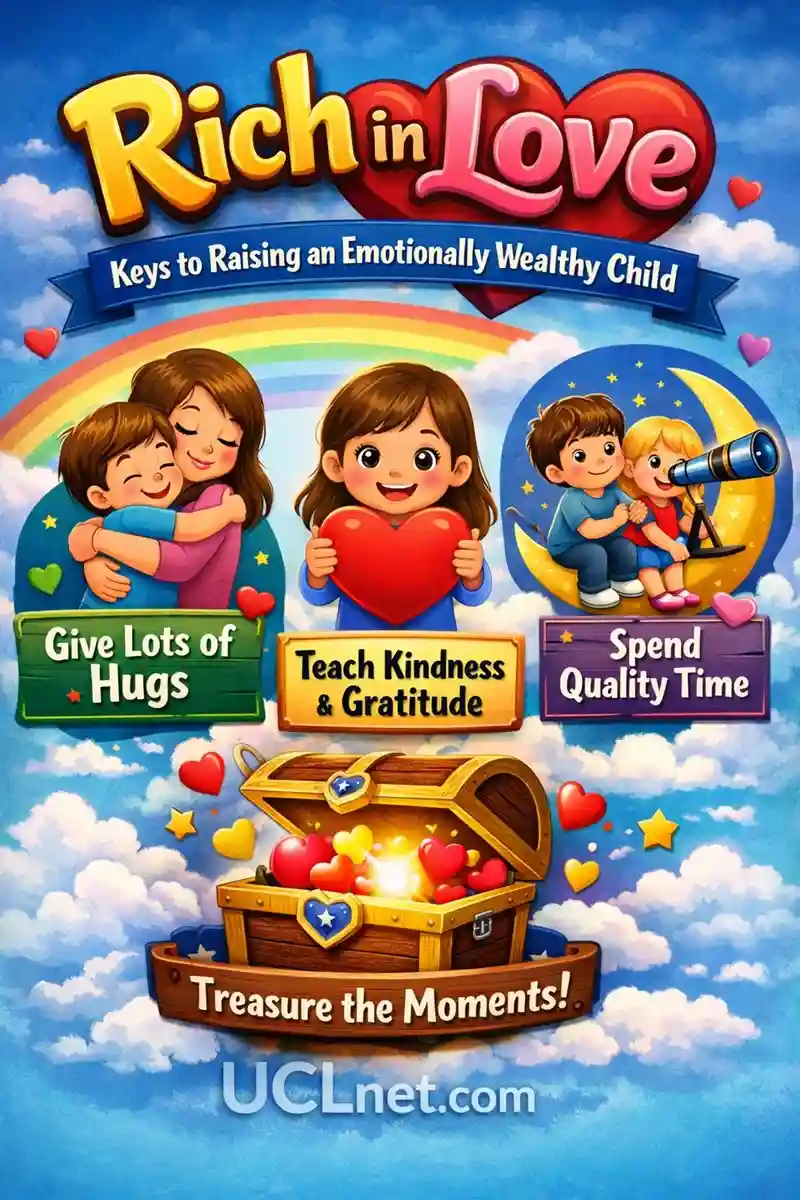 Rich in Love Idiom for Kids – UCLnet.com 3D kids infographic illustrating the idiom “Rich in Love” with child‑friendly emotional education – UCLnet.com