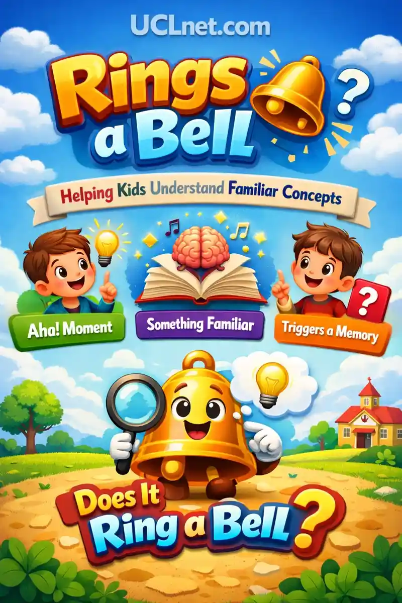 Rings a Bell Meaning for Kids – UCLnet.com 3D kids infographic explaining the idiom “Rings a Bell” with a bright bell icon, memory cues, and child-friendly visuals – UCLnet.com