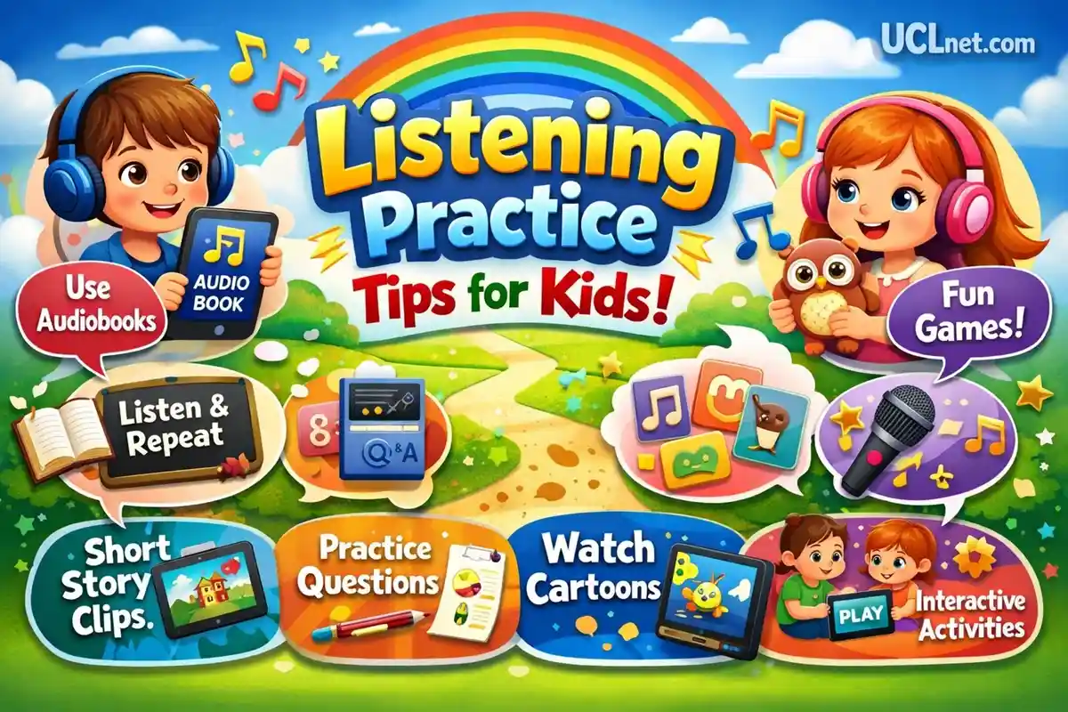 English Listening Practice for Kids – 3D Educational Infographic – UCLnet.com English listening practice tips for kids in a colorful classroom scene, featuring child‑friendly visuals – UCLnet.com