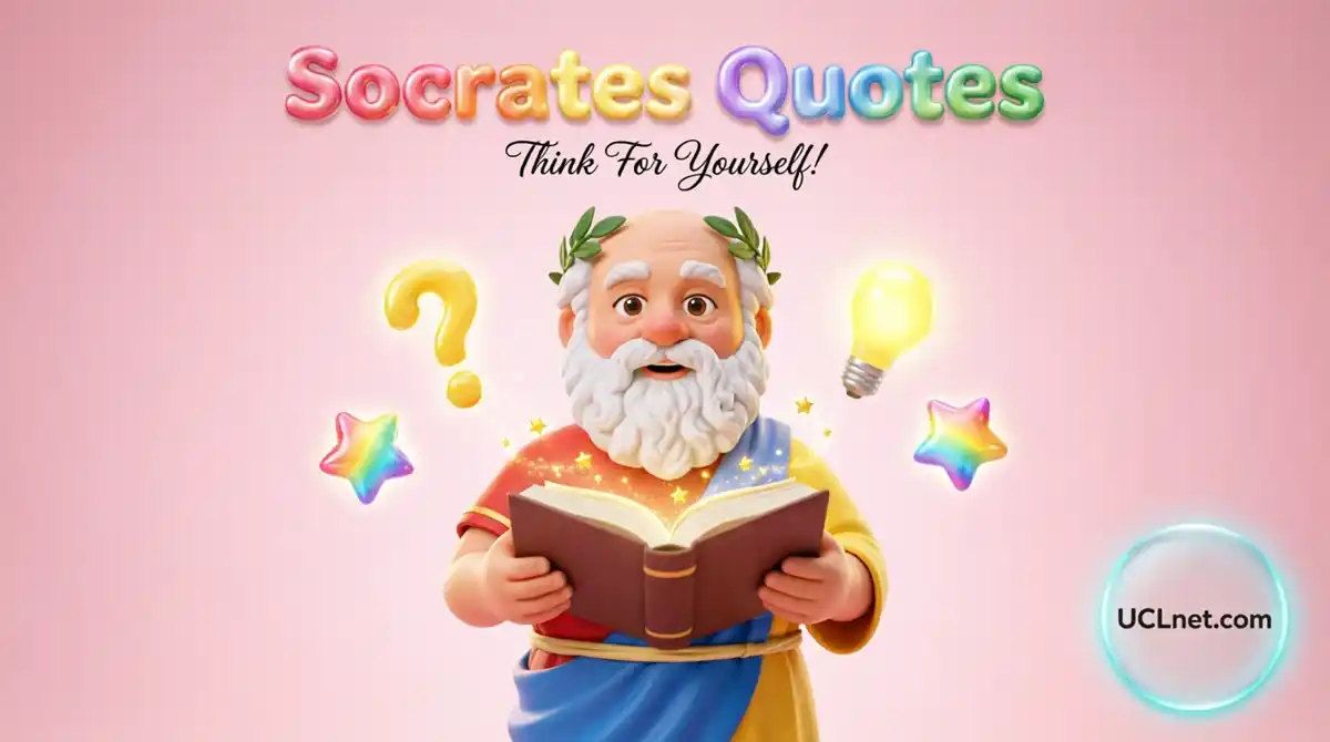 A cute 3D cartoon of Socrates holding a glowing book with floating question marks, illustrating Socrates Quotes for kids - UCLnet.com