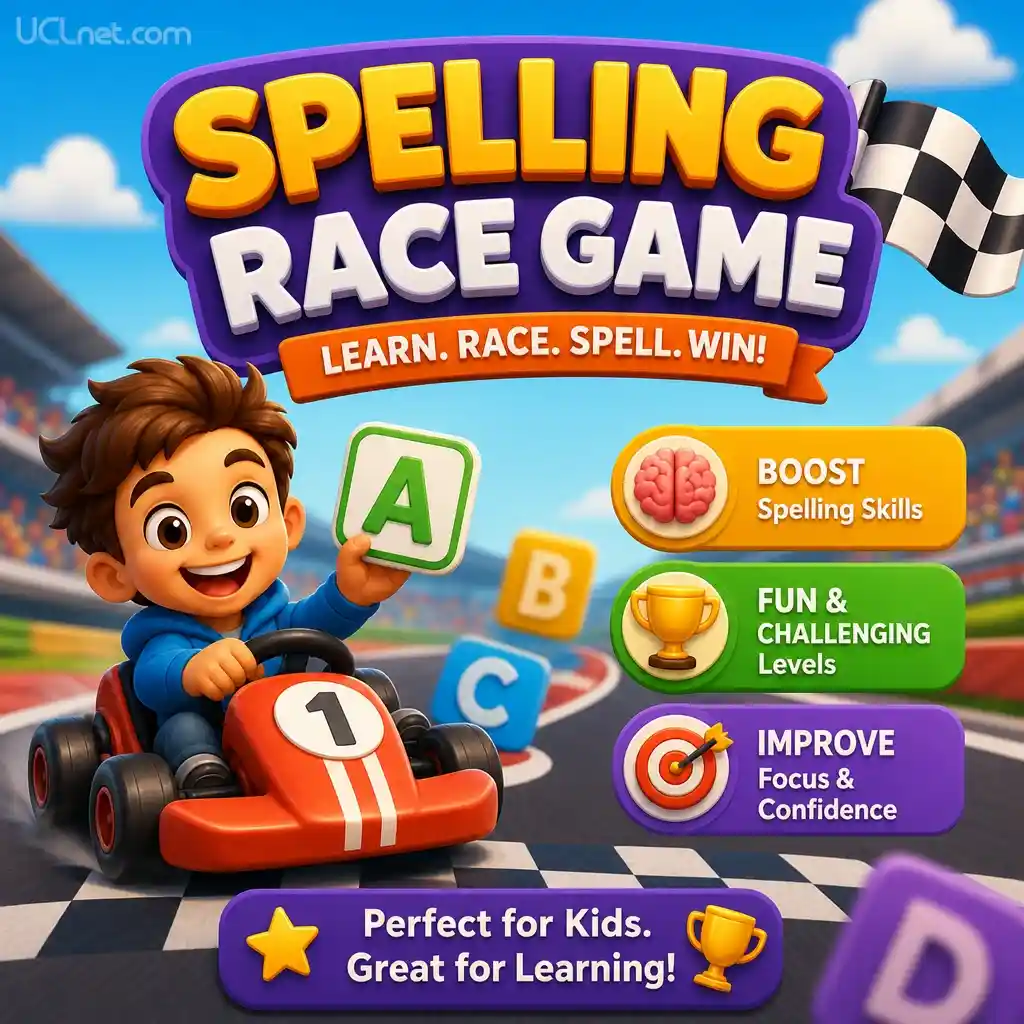 Colorful 3D spelling race game infographic for kids learning activity – UCLnet.com