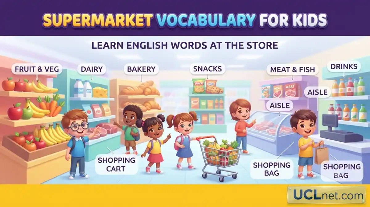 Educational supermarket vocabulary for kids features grocery store items and happy children - UCLnet.com
