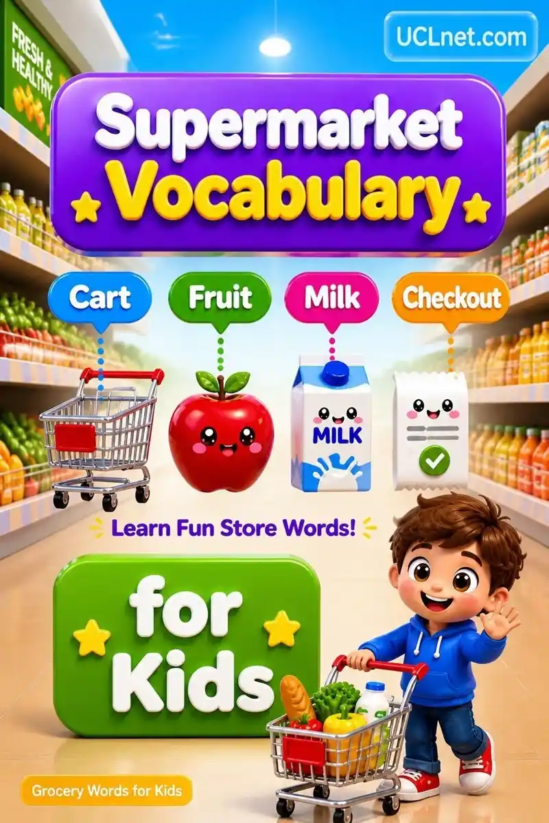  Mobile-friendly kids infographic about “Supermarket Vocabulary for Kids” with grocery word chips (Aisle, Basket, Price) and a transparent UCLnet.com glass logo