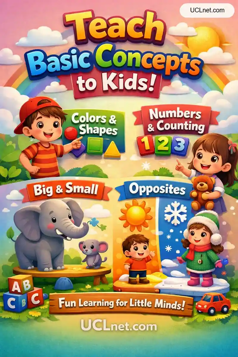 Kids basic concepts infographic design - UCLnet.com Bright 3D kids infographic teaching basic concepts with shapes, numbers, opposites - UCLnet.com