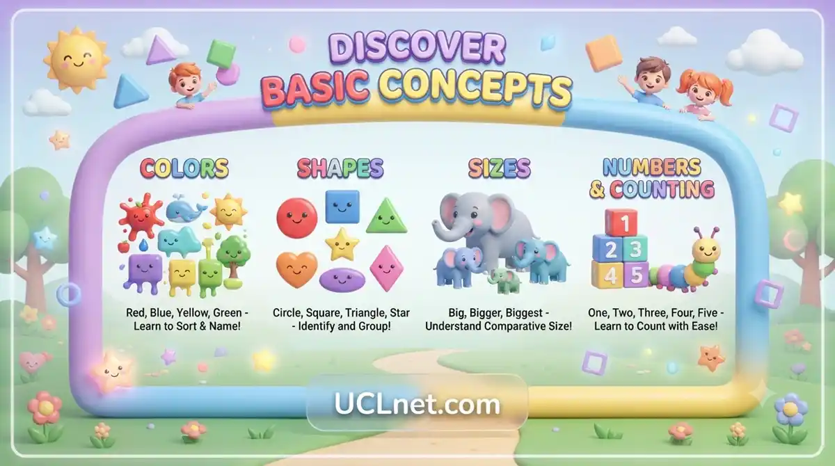 Discover Basic Concepts - Fun Educational Infographic for Kids by UCLnet.com Vibrant 3D infographic for kids: 'DISCOVER BASIC CONCEPTS' with colors, shapes, sizes, and numbers.