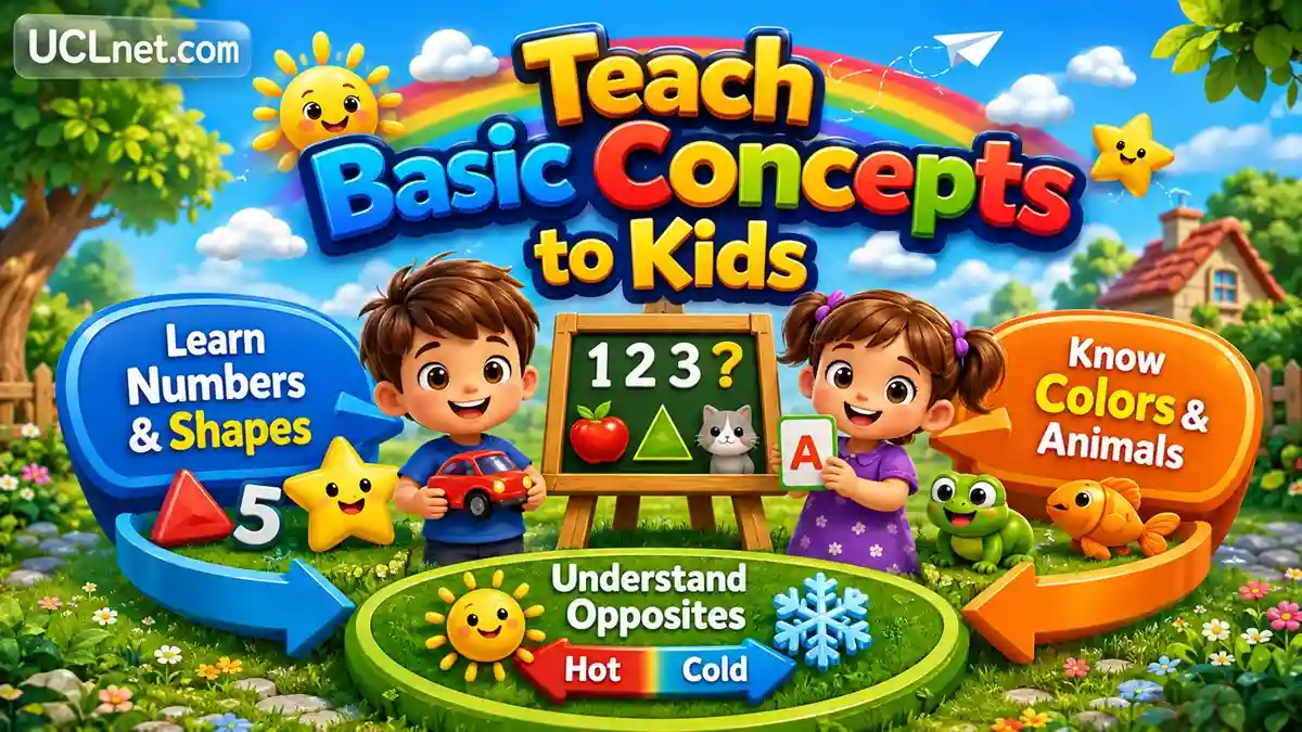 Teach Basic Concepts - UCLnet.com Teaching basic concepts to kids with colorful educational infographic illustration - UCLnet.com