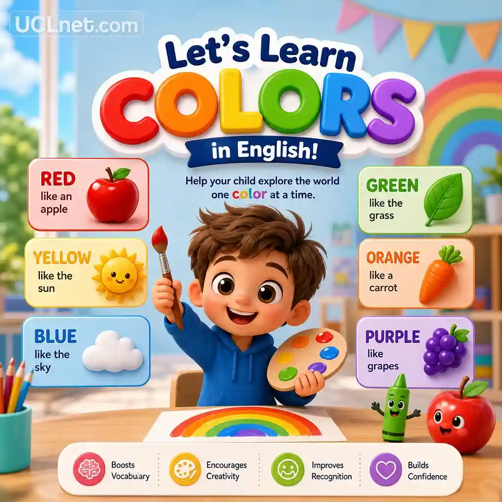 Colorful 3D English color‑learning infographic for kids with bright visuals – UCLnet.com