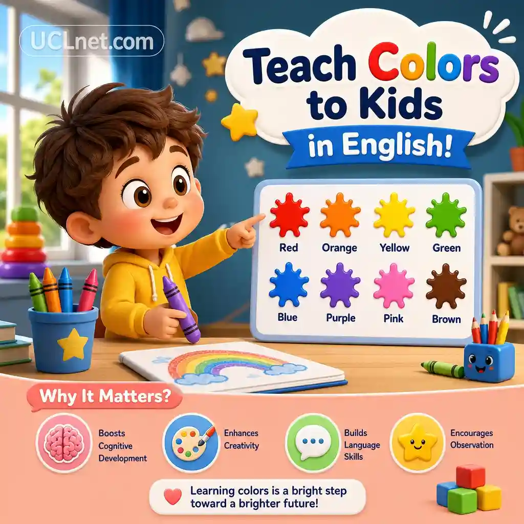 Colorful 3D kids infographic teaching basic English colors with bright visuals – UCLnet.com