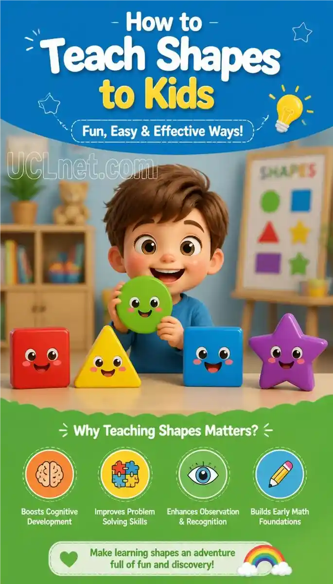 A vibrant 3D educational infographic for kids learning basic shapes, designed by UCLnet.com