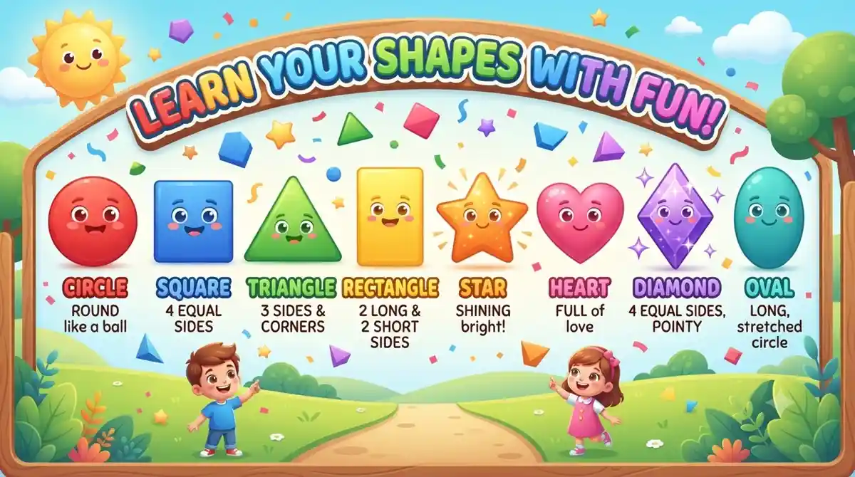 A vibrant 3D educational infographic for kids learning basic shapes with UCLnet.com