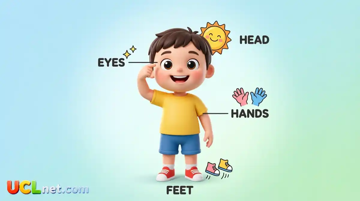Cute 3D cartoon boy pointing to eyes head hands feet - UCLnet.com