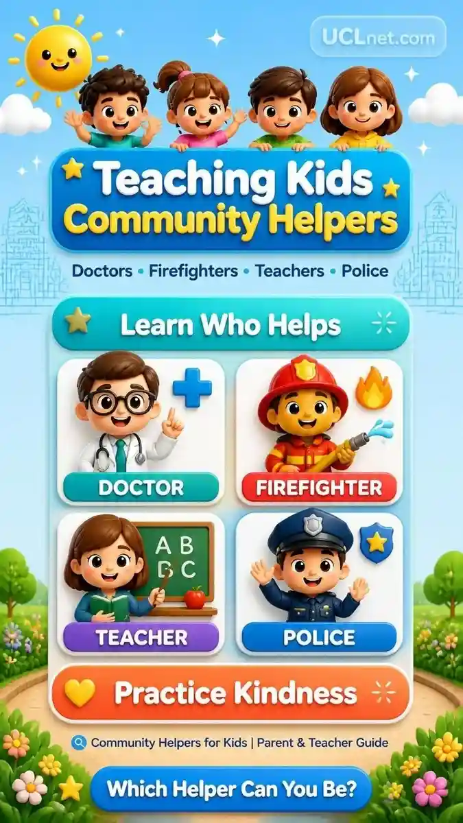Teaching-Kids-Community-Helpers-UCLnet.com-Educational-Infographic D educational infographic teaching kids community helpers with colorful icons for UCLnet.com
