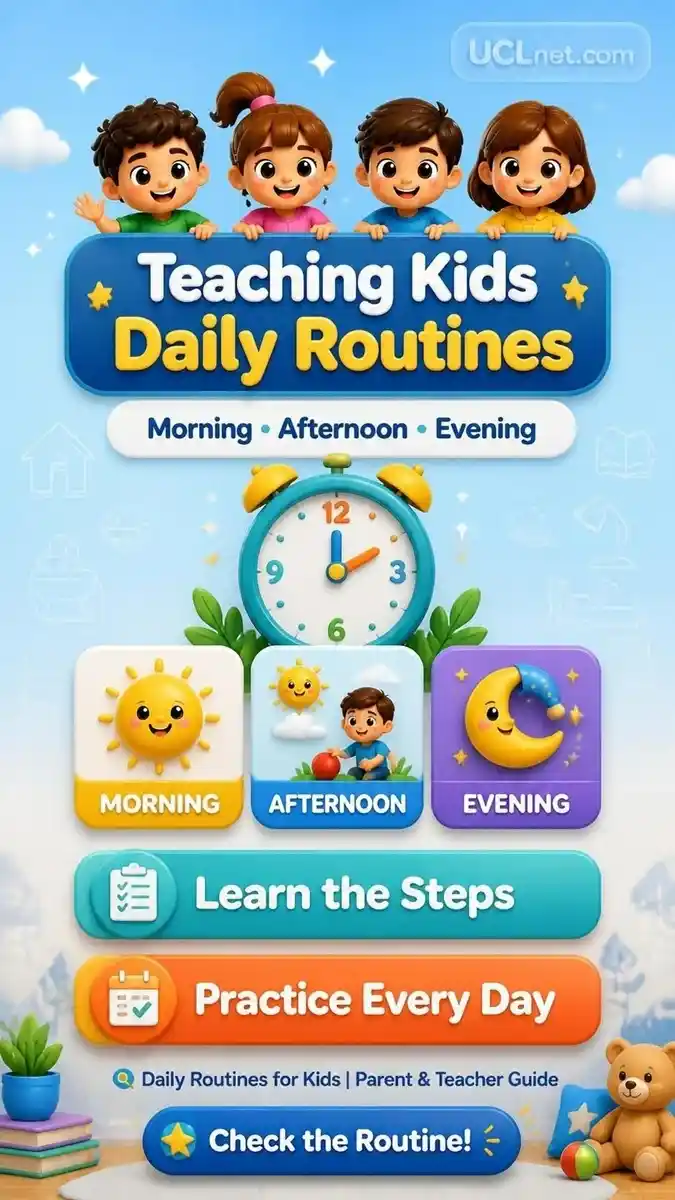 Teaching-Kids-Daily-Routines-UCLnet.com-Educational-Infographic 3D educational infographic teaching kids daily routines with colorful icons for UCLnet.com